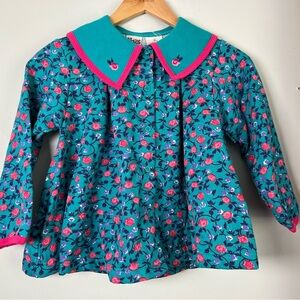 Vintage Noah’s Ark Floral AOP Long Sleeve Top w Collar Blue Pink NWT Girls 6